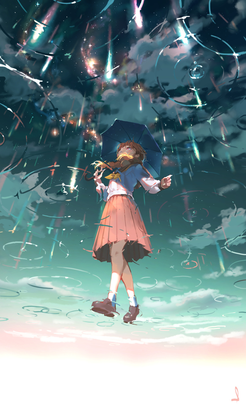 1girl absurdres bare_legs blonde_hair braid brown_footwear clouds cloudy_sky commentary from_below full_body highres holding holding_umbrella loafers long_sleeves looking_up meteor_shower neckerchief original parted_lips pink_skirt pleated_skirt rain red_eyes ripples school_uniform shijohane shirt shoes short_hair skirt sky socks solo twin_braids umbrella white_legwear white_shirt yellow_neckwear