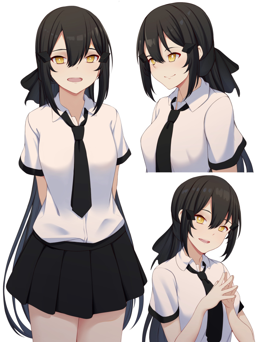 1girl absurdres act_(xadachit) black_hair black_neckwear black_skirt breasts dandelion_(girls_frontline) girls_frontline hair_between_eyes highres long_hair medium_breasts miniskirt multiple_views necktie pleated_skirt school_uniform shirt short_sleeves skirt very_long_hair white_shirt yellow_eyes