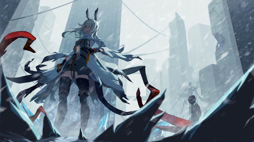 1girl 1other animal_ears arknights belt black_belt black_coat black_footwear black_gloves black_legwear black_skirt boots breasts building capelet city closed_mouth coat dagger doctor_(arknights) frostnova_(arknights) gloves grey_eyes grey_shirt hair_ornament hairclip highres holding holding_dagger holding_weapon jiu_sheng knife looking_at_viewer medium_hair miniskirt open_clothes open_coat outdoors rabbit_ears red_ribbon ribbon ruins scar scar_on_face shirt silver_hair skirt small_breasts smile snowing solo thigh-highs thigh_boots thighhighs_under_boots thighs visor weapon white_capelet white_coat zettai_ryouiki