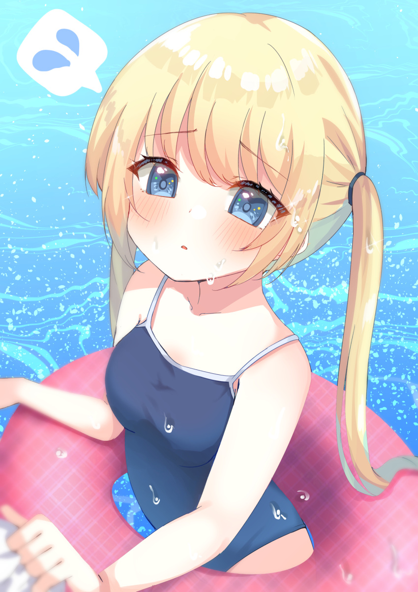 1girl bangs bare_arms bare_shoulders blonde_hair blue_eyes blue_swimsuit blush breasts collarbone commentary_request eyebrows_visible_through_hair flying_sweatdrops hair_between_eyes highres innertube long_hair looking_at_viewer one-piece_swimsuit original parted_lips plaid school_swimsuit small_breasts solo spoken_flying_sweatdrops suzu_(minagi) swimsuit twintails unmoving_pattern very_long_hair water wet