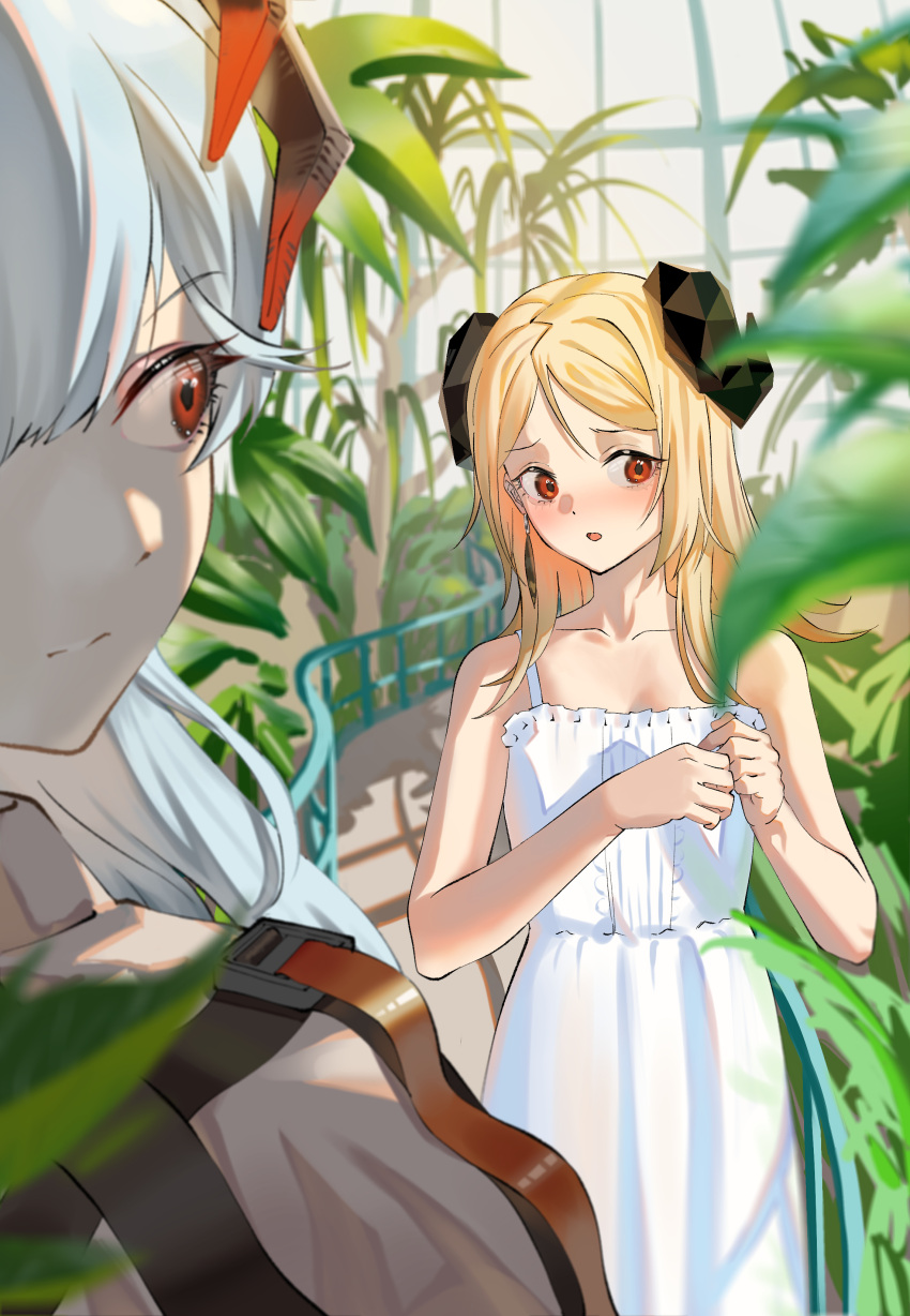 2girls absurdres alternate_hairstyle arknights bare_arms black_horns blonde_hair blurry blurry_background blurry_foreground blush closed_mouth collarbone commentary_request dragon_horns dress eyebrows_visible_through_hair greenhouse hands_up highres horns ifrit_(arknights) long_hair looking_away looking_back multiple_girls open_mouth plant railing red_eyes saria_(arknights) shade sleeveless sleeveless_dress standing sundress tree white_dress white_hair yurusu_delight