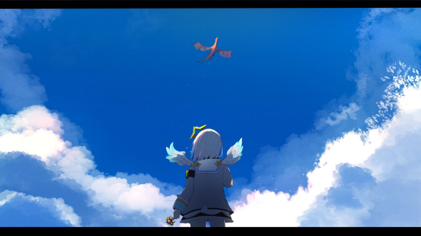 1girl amane_kanata angel_wings armband back black_skirt blue_hair blue_sky brooch clouds cloudy_sky commentary cowboy_shot english_commentary flying from_behind grey_jacket halo highres holding holding_jewelry hololive jacket jewelry kiryu_coco_(dragon) letterboxed miniskirt multicolored_hair pink_hair sailor_collar short_hair shuuzo3 silver_hair skirt sky streaked_hair virtual_youtuber wings