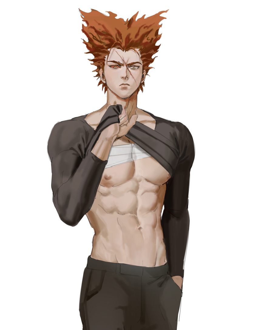 1boy abs absurdres bandages black_pants closed_mouth clothes_lift collarbone colored_sclera cowboy_shot dudlesnoodles expressionless garou_(one-punch_man) hand_in_pocket highres lifted_by_self long_sleeves male_focus muscular muscular_male navel nipples one-punch_man orange_hair orange_sclera pants pectorals pointy_hair scar scar_on_face shirt_lift simple_background solo white_background yellow_eyes