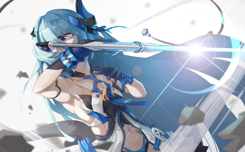 1girl absurdres armpits attack bare_shoulders blue_eyes blue_hair breasts hair_between_eyes hair_ornament highres holding holding_sword holding_weapon honkai_(series) honkai_impact_3rd liliya_olenyeva long_hair looking_to_the_side navel sideboob simple_background small_breasts solo sword tail tian_shrimp weapon white_background