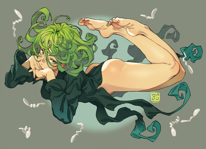 1girl ass bent_spoon black_dress breasts curly_hair dated dress expressionless feet flipped_hair floating floating_hair floating_object full_body green_hair interlocked_fingers long_sleeves looking_at_viewer no_panties no_shoes one-punch_man own_hands_together pelvic_curtain plantar_flexion poch4n short_hair side_slit signature simple_background small_breasts soles solo spoon tatsumaki telekinesis toes