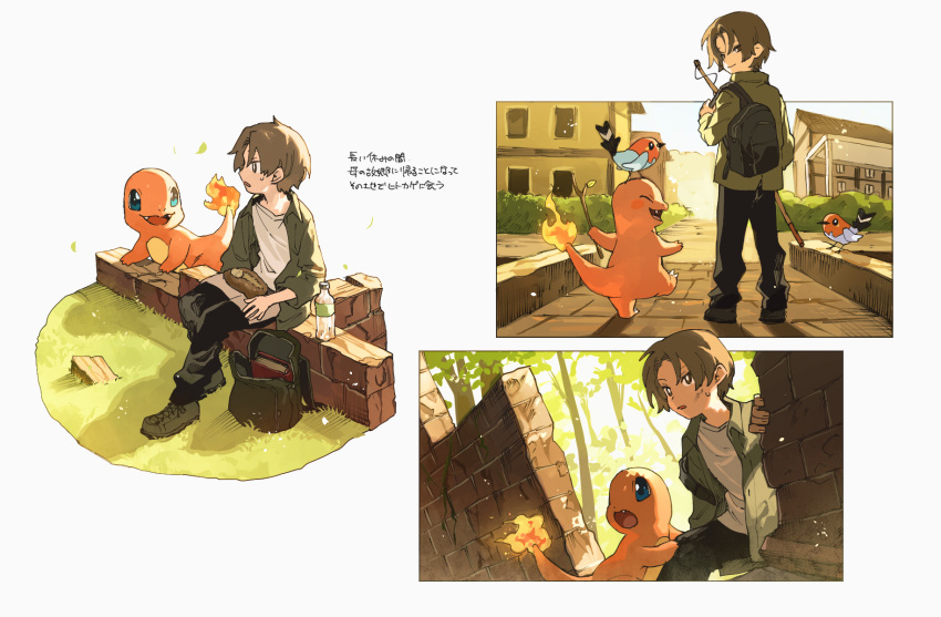 1boy bag bangs bird black_pants boots brown_hair building charmander commentary_request day fire fletchling gen_1_pokemon gen_6_pokemon grass green_footwear green_jacket highres holding jacket leaves_in_wind male_focus multiple_views newo_(shinra-p) outdoors pants pokemon pokemon_(creature) shirt short_hair sitting translation_request tree window