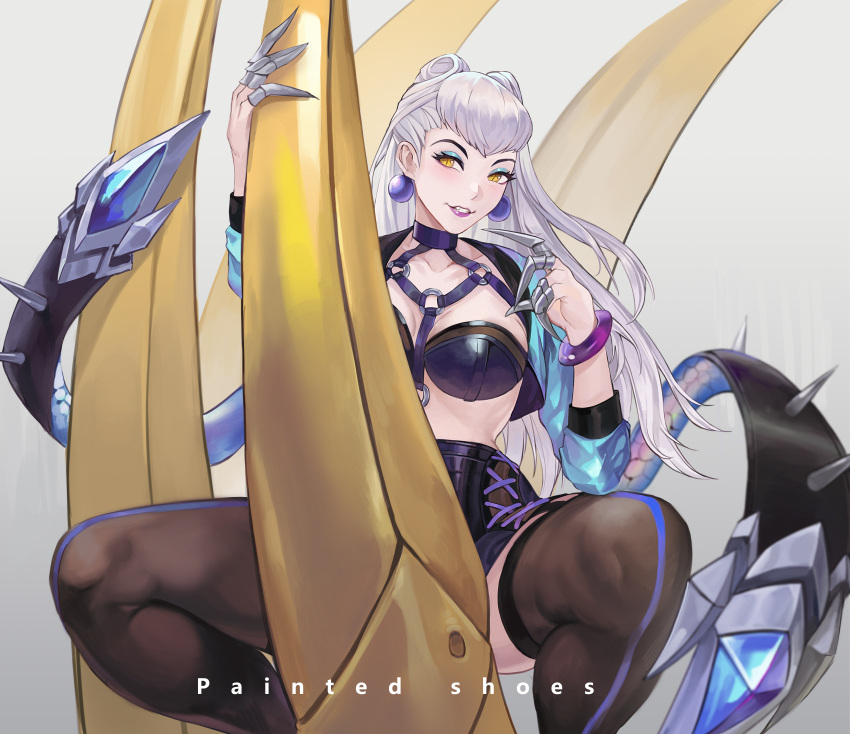 1girl absurdres between_breasts blue_eyeshadow blue_jacket blush bracelet breasts brown_legwear claw_(weapon) claws convenient_censoring earrings english_text evelynn_(league_of_legends) eyeshadow grey_background grey_hair highres huge_filesize jacket jewelry k/da_(league_of_legends) lan_xiezi league_of_legends long_hair makeup o-ring parted_lips purple_lips slit_pupils smile solo spikes spread_legs squatting weapon yellow_eyes