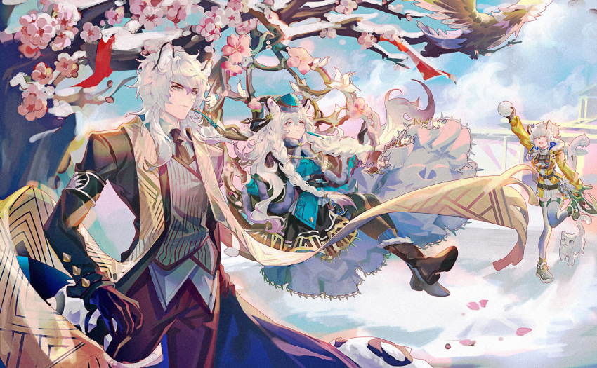 1boy 2girls animal_ears arknights arm_up binoculars black_coat black_footwear black_gloves black_legwear black_pants black_skirt blue_dress blue_headwear braid brown_scarf capelet cherry_blossoms chinese_commentary cliffheart_(arknights) cliffheart_(highlands_visitor)_(arknights) closed_mouth clouds coat commentary_request day dress earrings floating fur-trimmed_capelet fur-trimmed_hood fur_trim gloves grey_eyes grey_legwear hand_on_hip highres holding_snowball hood hooded_jacket jacket jewelry leopard_ears leopard_tail long_hair long_scarf looking_away multiple_girls open_clothes open_coat open_mouth outdoors pants pantyhose pramanix_(arknights) pramanix_(caster's_frost)_(arknights) ribbed_sweater running samo_(shichun_samo) scarf serious silver_hair silverash_(arknights) silverash_(york's_bise)_(arknights) single_earring skirt snow sweater tail tenzin_(arknights) thigh-highs tree twin_braids waistcoat white_sweater yellow_jacket