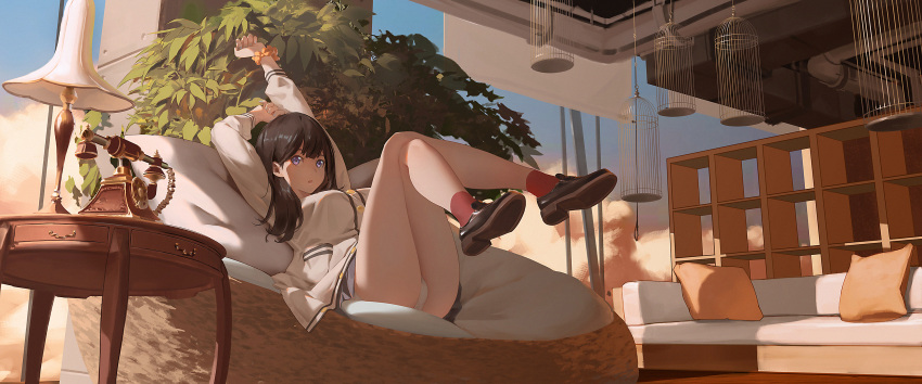 1girl arms_up bangs bare_legs birdcage black_footwear black_hair cage cardigan chinese_commentary commentary_request couch crossed_legs full_body gridman_universe highres indoors lamp legs legs_up long_hair long_sleeves looking_at_viewer panties pantyshot parted_lips phone pillow plant red_legwear ribao rotary_phone scrunchie shoes sitting socks solo ssss.gridman table takarada_rikka underwear violet_eyes white_cardigan white_panties wrist_scrunchie