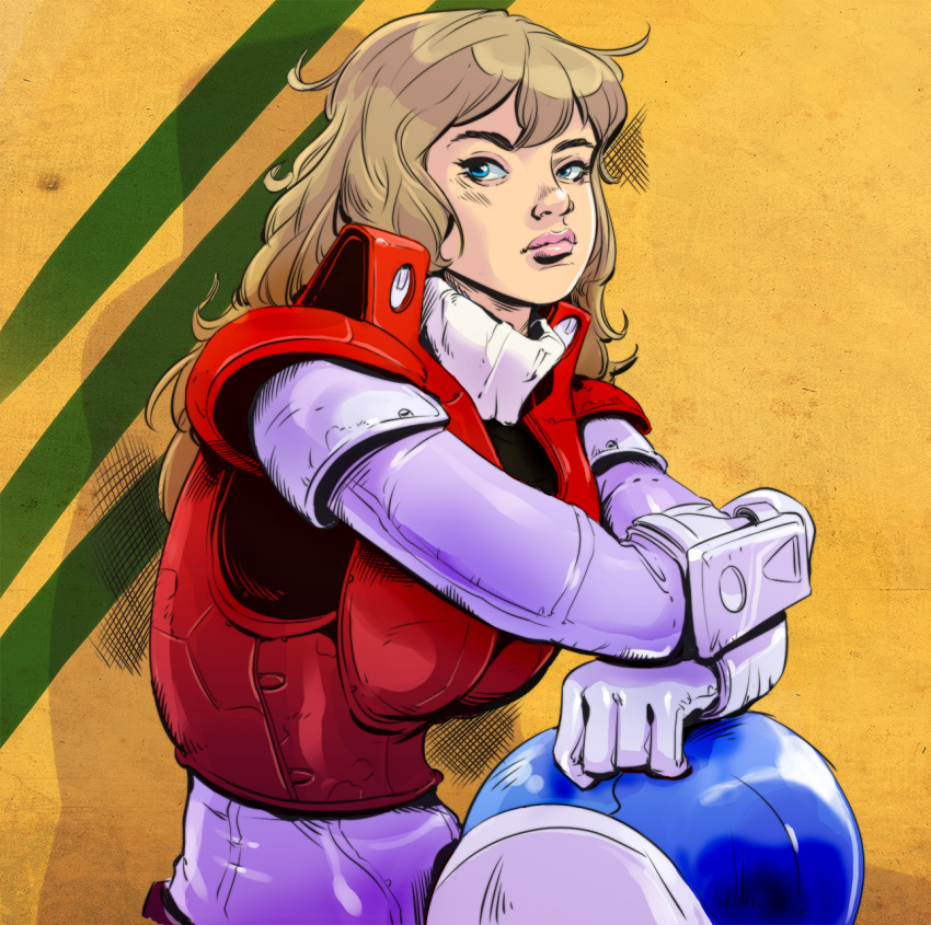1girl blonde_hair blue_eyes body_armor damaged dirty english_commentary gloves headwear_removed helmet helmet_removed highres houquet_et_rose ink_(medium) kikou_souseiki_mospeada lips looking_at_viewer mospeada mospeada_(mecha) power_armor realistic ride_armor robotech rook_bartley science_fiction serious sitting sketch solo traditional_media upper_body vincent_riley