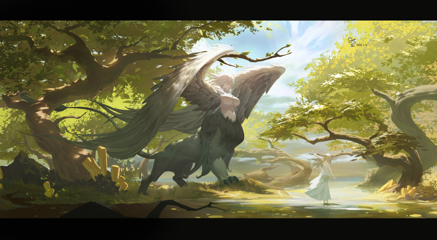 2girls absurdres bangs blonde_hair breasts chimera chinese_commentary commentary_request dated dress feathered_wings full_body highres large_breasts long_hair looking_at_another monster_girl multiple_girls nature original outdoors outstretched_arm revision ribao signature standing tail tree white_dress white_hair wings