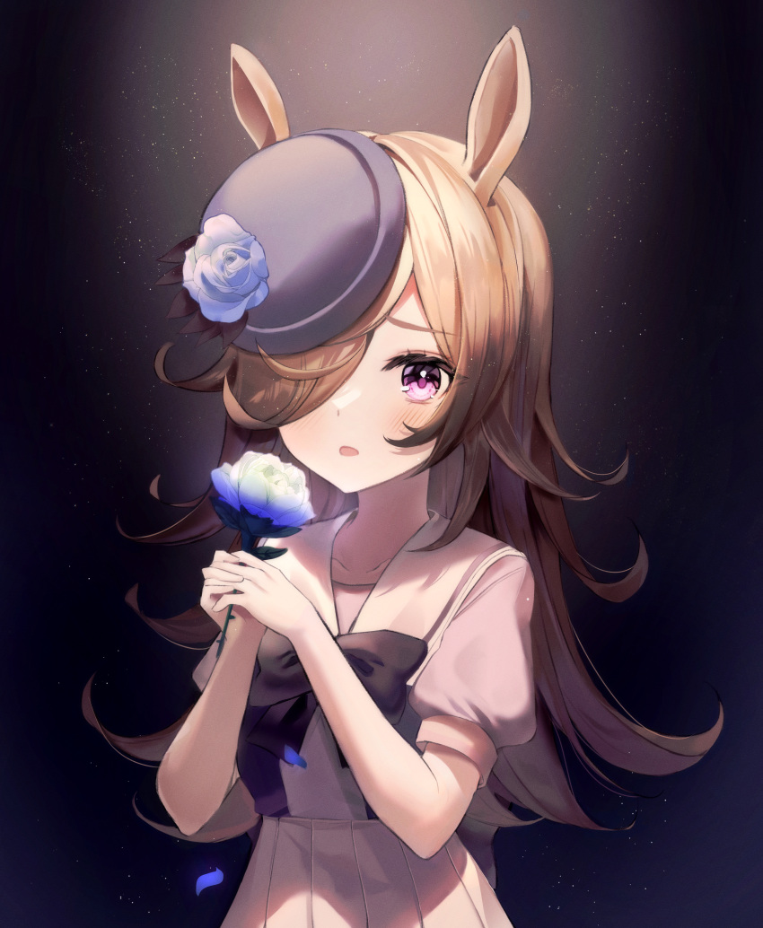 1girl :o absurdres animal_ears bangs black_background black_bow blue_flower blue_rose blush bow brown_hair chaerom commentary_request flower grey_background hair_over_one_eye hands_up hat hat_flower highres holding holding_flower horse_ears horse_girl huge_filesize long_hair looking_at_viewer open_mouth pleated_skirt purple_background rice_shower_(umamusume) rose sailor_collar short_sleeves skirt solo umamusume upper_body violet_eyes