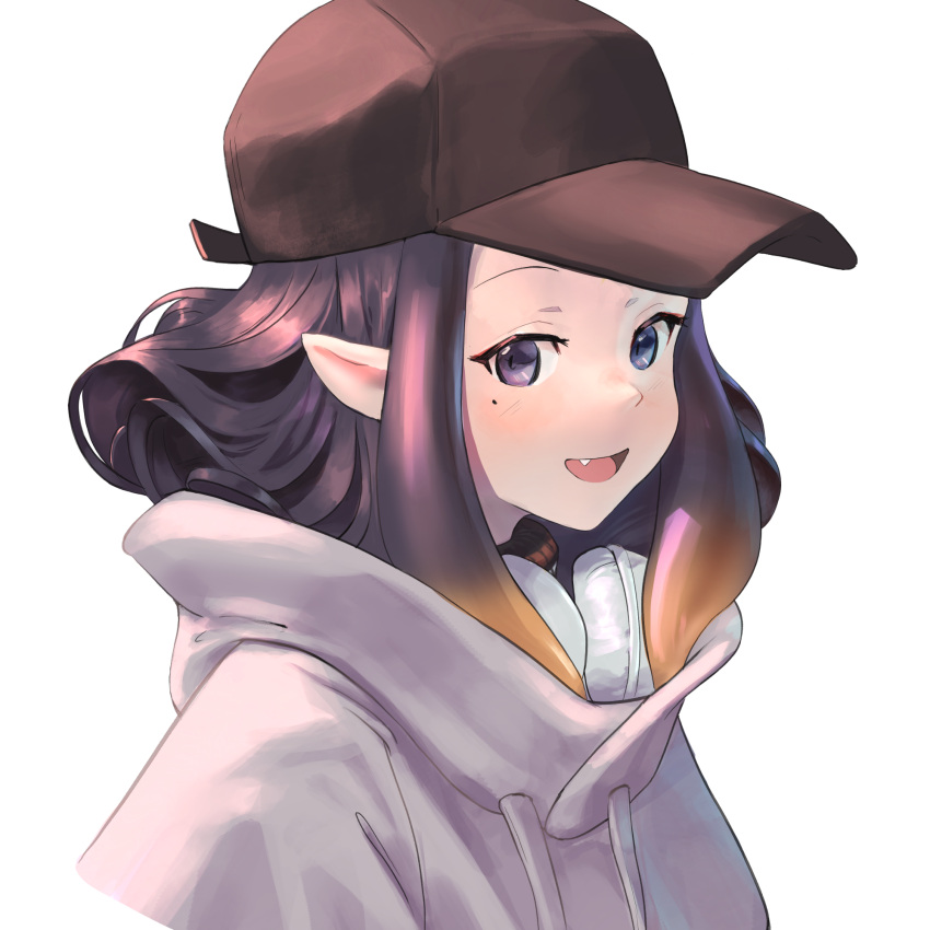 1girl :d baseball_cap black_eyes black_hair commentary drawstring english_commentary eufrik fang hat headphones headphones_around_neck highres hololive hololive_english hood hood_down hoodie mole mole_under_eye ninomae_ina'nis open_mouth pointy_ears simple_background smile solo upper_body virtual_youtuber white_background white_hoodie