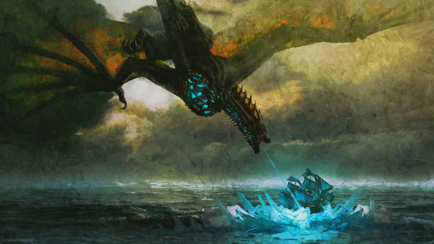 anato_finnstark breathing_ice clouds cloudy_sky commentary commentary_typo dragon english_commentary flying game_of_thrones highres ice no_humans ocean open_mouth original outdoors scenery ship sky watercraft