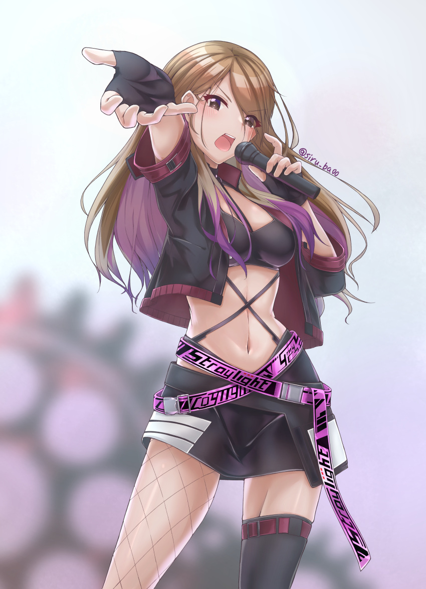 1girl absurdres belt blonde_hair blurry blurry_background blush brown_eyes brown_hair crop_top eyebrows_visible_through_hair eyes_visible_through_hair fingerless_gloves fishnets gloves gradient_hair gyaru hair_between_eyes hair_over_one_eye highres idol idolmaster idolmaster_shiny_colors izumi_mei jacket kagin_(kagou_shita_nanika) long_hair microphone midriff miniskirt mismatched_legwear multicolored_hair music purple_hair singing skirt solo streaked_hair tan thigh-highs twitter_username upper_teeth