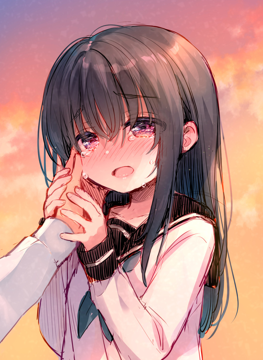 1boy 1girl bangs black_hair black_sailor_collar blush collarbone commentary_request crying crying_with_eyes_open eyebrows_visible_through_hair grey_neckwear hair_between_eyes hand_on_another's_face highres long_hair long_sleeves neckerchief nose_blush open_mouth original out_of_frame outdoors sailor_collar school_uniform serafuku shirt sleeves_past_fingers sleeves_past_wrists solo_focus sunset tears upper_body usashiro_mani violet_eyes white_shirt