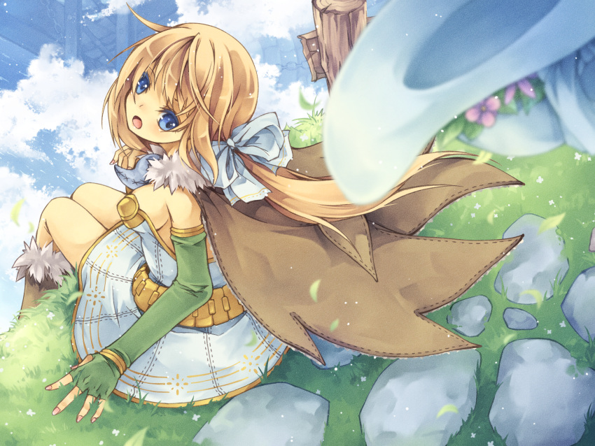 1girl alchemist_(ragnarok_online) alternate_color bangs blonde_hair blue_bow blue_dress blue_eyes blue_sky blush boots bow breasts brown_cape brown_footwear cape clouds commentary_request day dress elbow_gloves feet_out_of_frame fingerless_gloves floating_island flower fur-trimmed_boots fur_collar fur_trim gloves green_gloves hair_bow highres long_hair looking_at_viewer looking_back lunaraven medium_breasts open_mouth outdoors pink_flower ponytail ragnarok_online short_dress sitting sky solo strapless strapless_dress