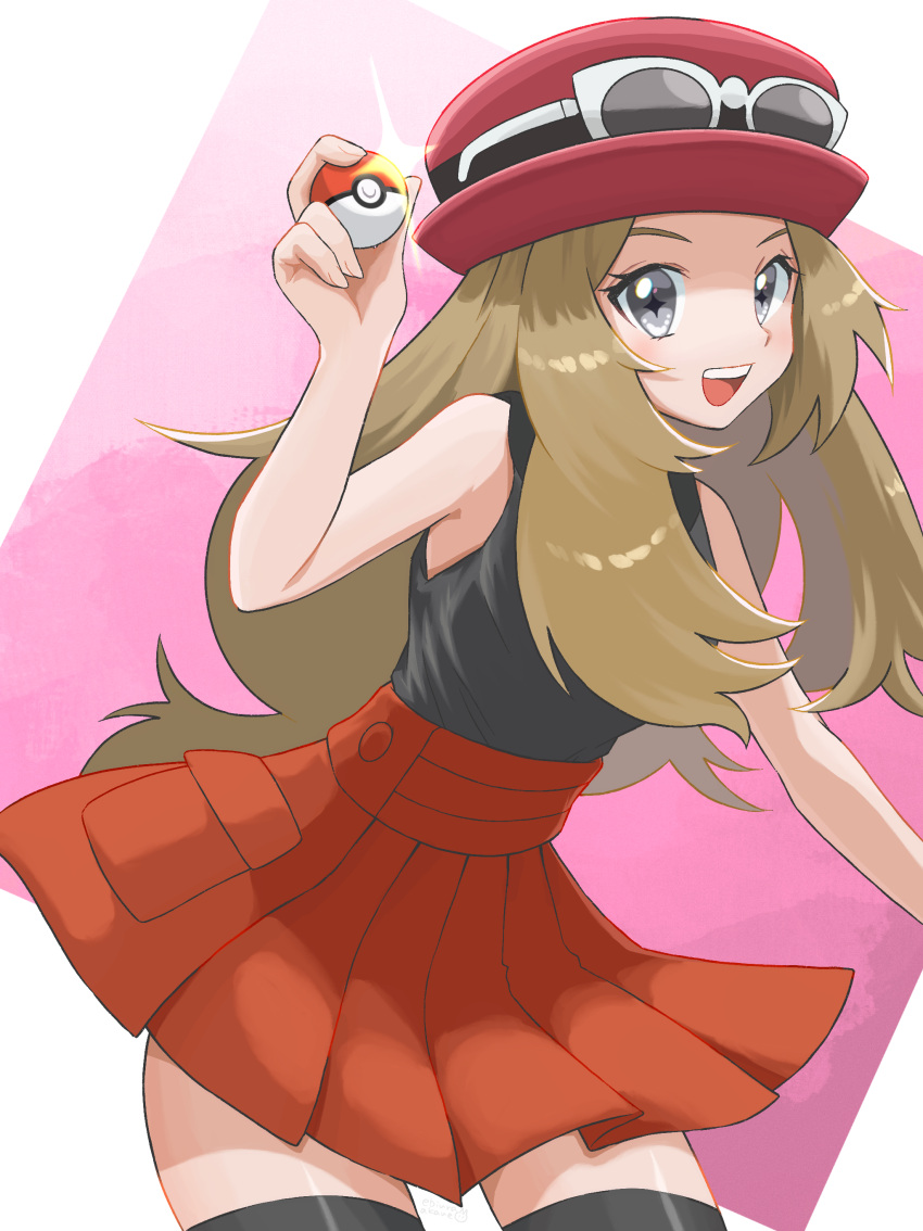 1girl :d absurdres bare_arms breasts brown_hair commentary ebiura_akane eyelashes eyewear_on_headwear grey_eyes grey_shirt hand_up hat highres holding holding_poke_ball long_hair open_mouth pleated_skirt poke_ball poke_ball_(basic) pokemon pokemon_(game) pokemon_xy red_headwear red_skirt serena_(pokemon) shirt skirt sleeveless sleeveless_shirt smile solo star-shaped_pupils star_(symbol) sunglasses symbol-shaped_pupils thigh-highs tongue upper_teeth white-framed_eyewear