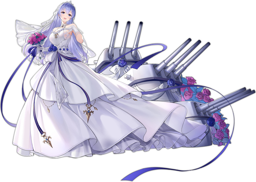 1girl artillery azur_lane bare_shoulders bouquet breasts bridal_veil bride dress eyebrows_visible_through_hair flower full_body gloves hair_between_eyes highres holding holding_bouquet indoors kaede_(yumesaki_kaede) lace-trimmed_dress lace_trim large_breasts layered_dress long_dress official_alternate_costume official_art pink_flower pink_rose purple_flower purple_hair purple_ribbon purple_rose ribbon rodney_(azur_lane) rodney_(palace_of_blessings)_(azur_lane) rose sideboob sleeveless sleeveless_dress solo tiara transparent_background turret veil violet_eyes white_dress white_gloves