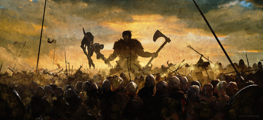 anato_finnstark army artist_name axe battle berserk commentary dual_wielding english_commentary giant giant_male highres holding holding_weapon polearm soldier spear sword weapon zodd_(berserk)