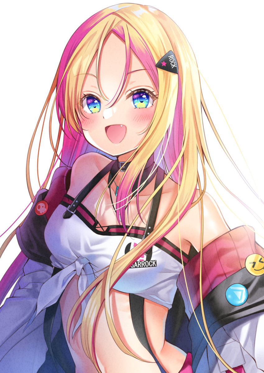 1girl :d absurdres bangs bare_shoulders black_choker blonde_hair blue_eyes choker crop_top fang front-tie_top hair_ornament hairclip highres indie_virtual_youtuber jacket long_hair looking_at_viewer midriff multicolored_hair navel off_shoulder open_clothes open_jacket open_mouth parted_bangs pink_hair shirt simple_background sleeveless sleeveless_shirt smile solo stomach sugarock two-tone_hair upper_body virtual_youtuber white_background white_jacket white_shirt yoshida_iyo