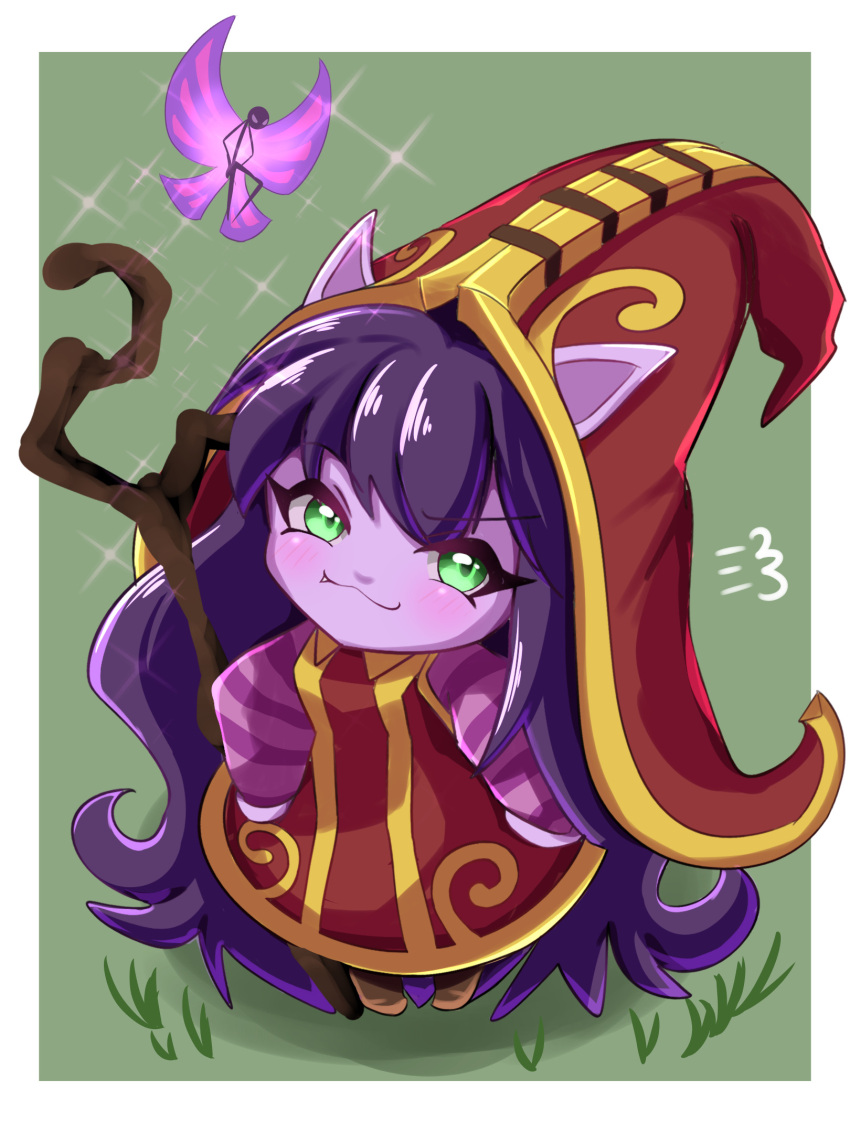 1girl animal_ears blush brown_footwear closed_mouth colored_skin dress ears_through_headwear eyebrows_visible_through_hair fairy fairy_wings fang grass green_eyes hands_on_hips hat highres kukurixi large_hat league_of_legends long_hair lulu_(league_of_legends) outdoors purple_hair purple_skin red_dress red_headwear smile smug sparkle staff standing very_long_hair wings witch_hat yordle