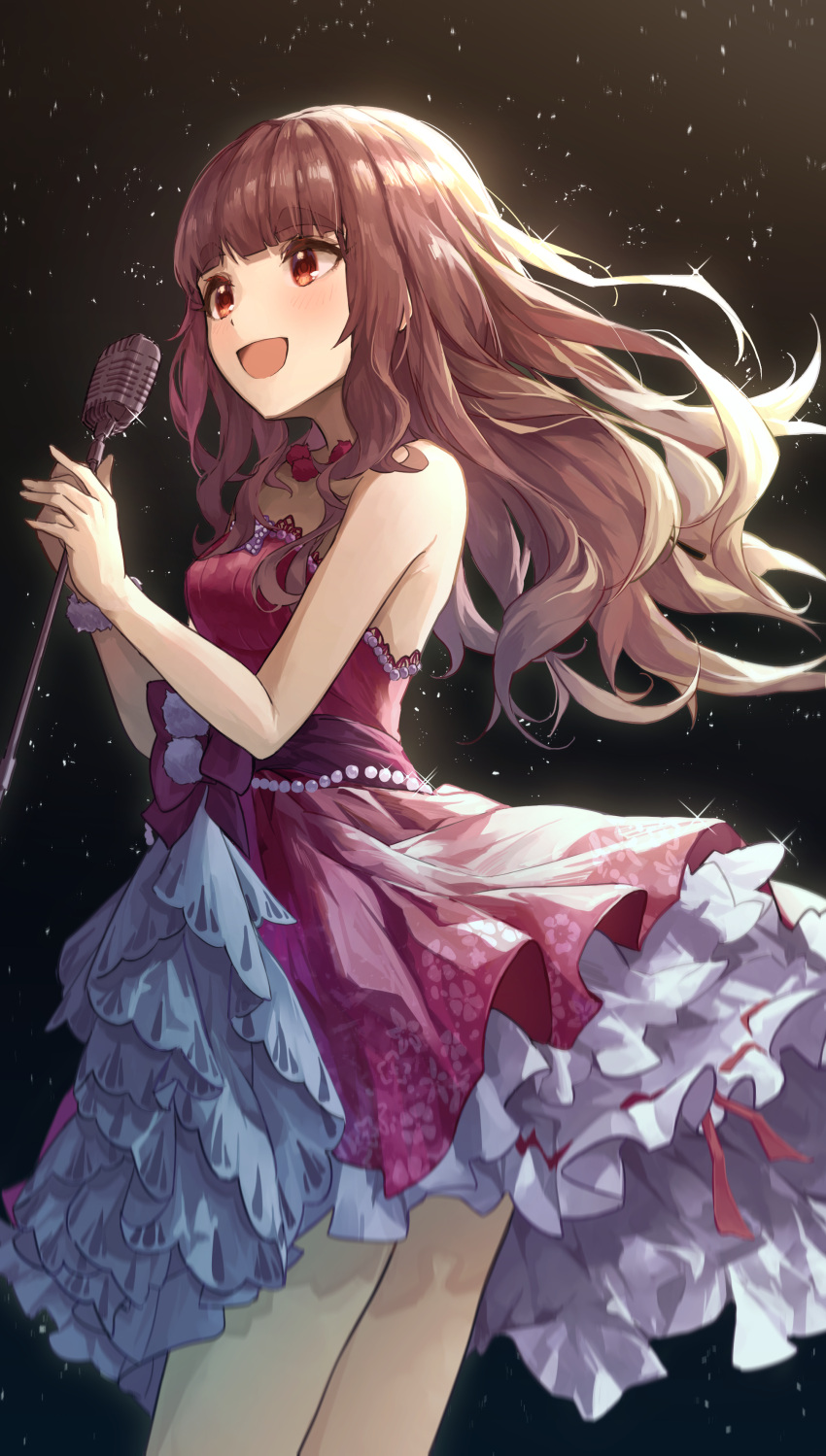 1girl absurdres bangs blunt_bangs bow brown_hair cowboy_shot dress eyebrows floating_hair from_side highres holding holding_microphone_stand idolmaster idolmaster_cinderella_girls kamiya_nao light_particles long_hair microphone microphone_stand open_mouth pearl_(gemstone) red_dress red_eyes shino_sto smile solo thick_eyebrows vintage_microphone