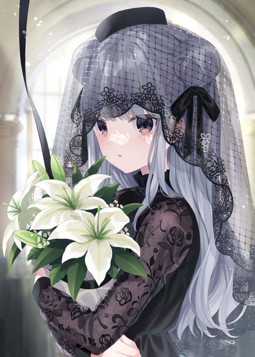 1girl absurdres bangs black_hair black_headwear black_ribbon blurry blurry_background bouquet commentary_request copyright_request double_bun eyebrows_visible_through_hair floral_print flower hair_ribbon hat highres jimmy_madomagi long_hair long_sleeves looking_at_viewer object_hug parted_lips print_sleeves ribbon silver_hair solo upper_body veil violet_eyes white_flower