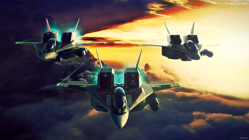 2019 afterburner canopy clouds dated dusk egserk english_commentary fleet gunpod highres jolly_roger kikou_souseiki_mospeada legioss lights mecha mospeada realistic robotech roundel science_fiction signature thrusters variable_fighter