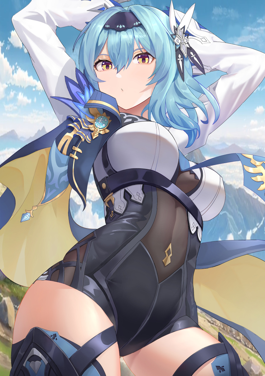 1girl absurdres arms_up between_breasts black_hairband black_legwear black_leotard blue_hair blue_neckwear blue_sky breasts cape closed_mouth cowboy_shot day edenkiba eula_lawrence genshin_impact hair_ornament hairband highres large_breasts leotard long_hair long_sleeves looking_at_viewer necktie necktie_between_breasts outdoors sky solo thigh-highs underbust yellow_cape yellow_eyes