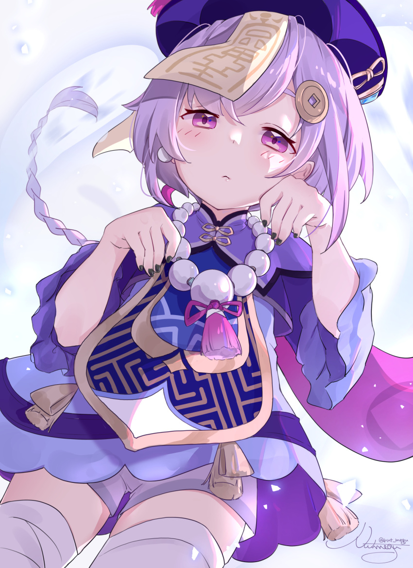 1girl amulet bangs bead_necklace beads black_nails braid capelet coin_hair_ornament commentary_request earrings eyebrows_visible_through_hair genshin_impact hat highres jewelry jiangshi long_hair looking_at_viewer low_ponytail necklace nut_megu ofuda outstretched_arms purple_hair qing_guanmao qiqi_(genshin_impact) shorts sidelocks single_braid solo thigh-highs violet_eyes white_legwear wide_sleeves zettai_ryouiki zombie_pose