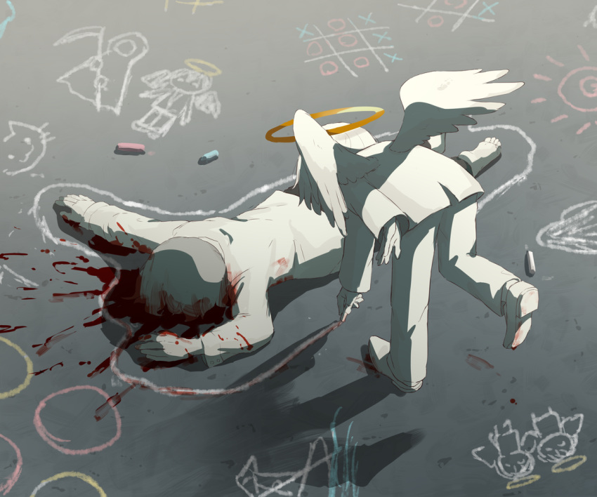 2boys angel_wings avogado6 blood blood_splatter bloody_clothes chalk child_drawing colored_skin commentary_request crime_scene death grey_hair halo holding long_sleeves lying multiple_boys on_back original pants shirt shoes standing standing_on_one_leg tic-tac-toe white_pants white_shirt white_skin white_wings wings