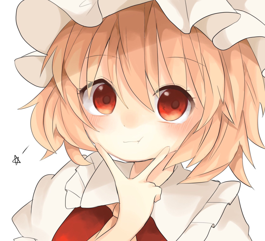 1girl bangs blonde_hair blush closed_mouth dress eyebrows_visible_through_hair eyes_visible_through_hair finger_to_face flandre_scarlet hair_between_eyes hand_up hat highres hyaku_paasento looking_at_viewer red_dress red_eyes short_hair simple_background smile solo the_embodiment_of_scarlet_devil touhou white_background white_headwear white_sleeves yellow_neckwear