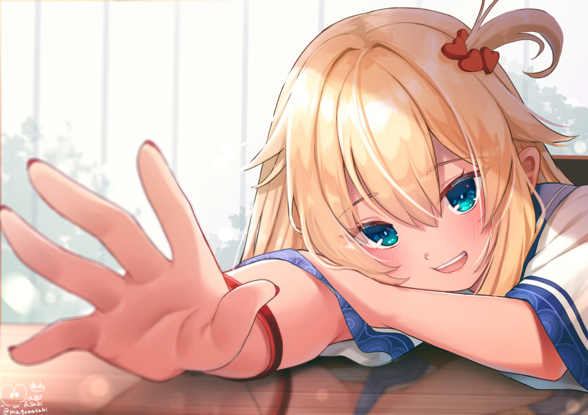 1girl :d akai_haato aqua_eyes bangs blonde_hair blurry blurry_foreground blush commentary_request depth_of_field eyebrows_visible_through_hair eyes_visible_through_hair hair_between_eyes hair_ornament hands heart heart_hair_ornament highres hololive indoors long_hair looking_at_viewer lying magowasabi nail_polish one_side_up open_mouth outstretched_arm red_nails shirt short_sleeves signature smile solo twintails upper_body upper_teeth virtual_youtuber white_shirt wristband