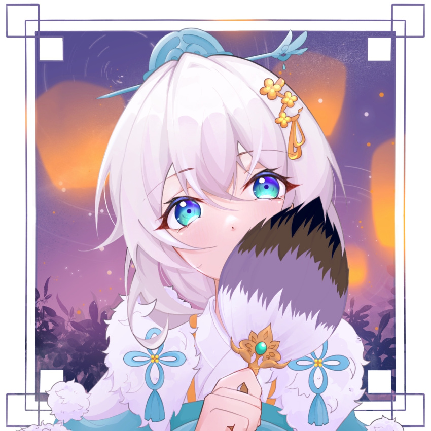 1girl blue_eyes covering_mouth fan hair_between_eyes hair_ornament holding honkai_(series) honkai_impact_3rd lantern leaf looking_at_viewer night night_sky qqqag_akiho sky solo theresa_apocalypse theresa_apocalypse_(starlit_astrologos) white_background white_hair zhuge_kongming_(honkai_impact)