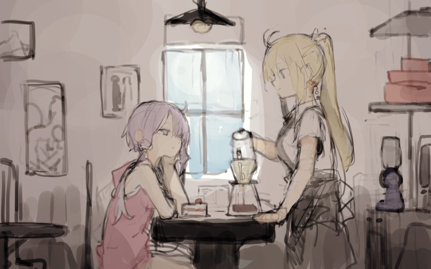 2girls apron arm_support bare_shoulders beads blonde_hair cake coffee food fruit full_moon green_eyes hair_beads hair_ornament head_rest hitogome indoors long_hair moon multiple_girls night photo_(object) pink_shirt ponytail pouring purple_hair shelf shirt short_hair_with_long_locks short_sleeves sidelocks sitting sketch sleeveless sleeveless_shirt strawberry table tsurumaki_maki violet_eyes vocaloid voiceroid white_shirt window yuzuki_yukari