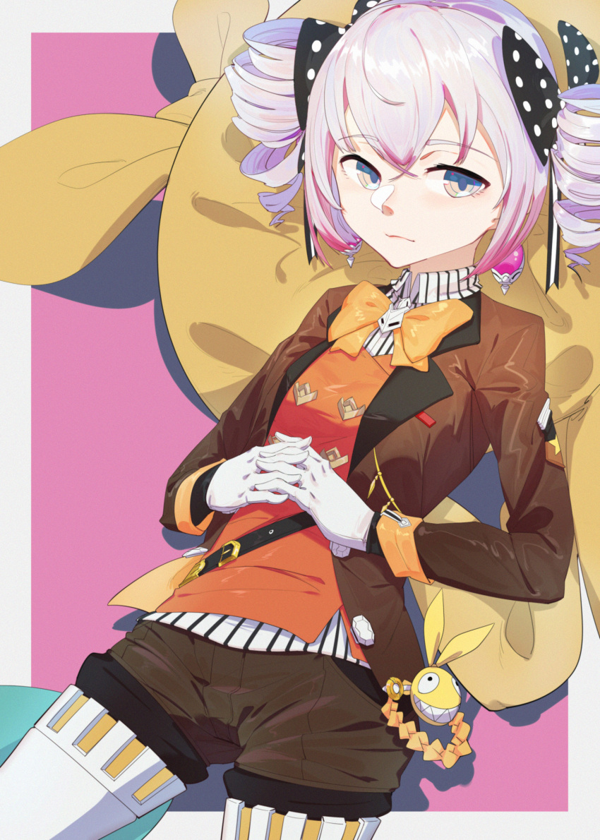 1girl bronya_zaychik bronya_zaychik_(wolf's_dawn) brown_jacket closed_mouth drill_hair gloves grey_eyes grey_hair highres holding_hands homu_(honkai_impact) honkai_(series) honkai_impact_3rd jacket looking_at_viewer lying pillow pink_background shadow simple_background solo twin_drills white_gloves yoni_(zhang)