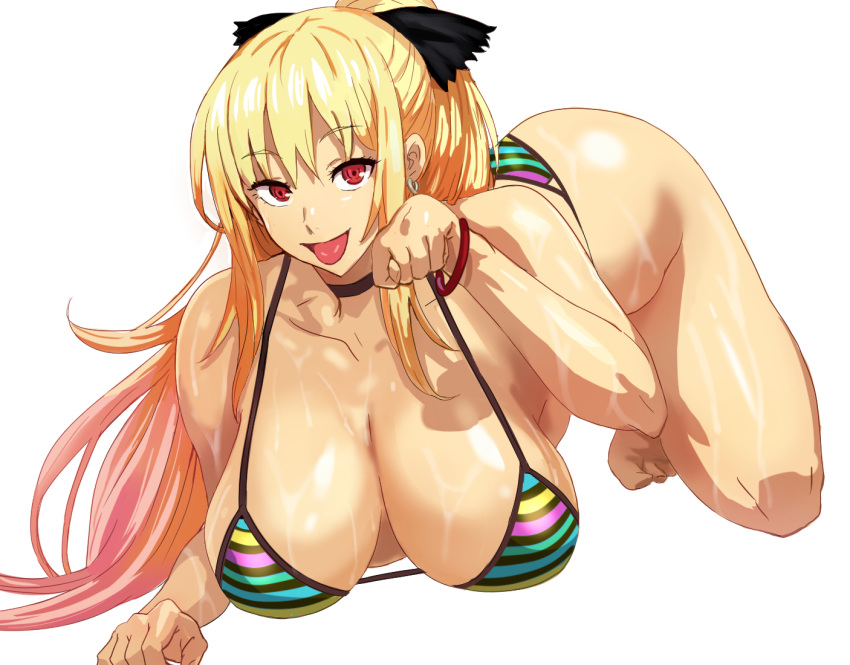 1girl ass bare_shoulders bikini black_bow blonde_hair bow bracelet breasts collarbone daraz18aka full_body jewelry large_pectorals long_hair looking_at_viewer lying open_mouth pectorals ponytail red_eyes shatte_judevesten smile solo super_robot_wars swimsuit