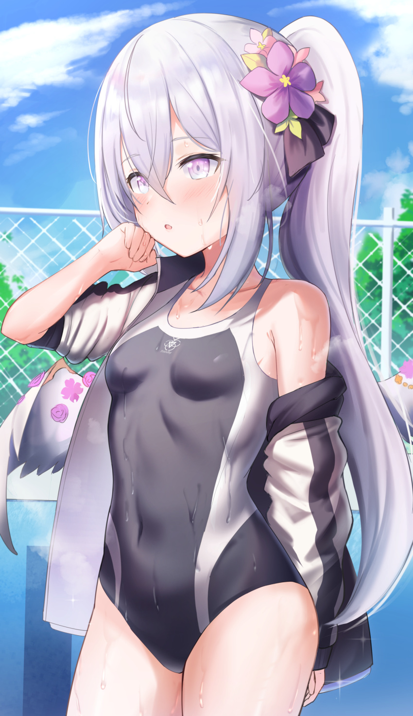1girl absurdres alternate_hairstyle azusa_(blue_archive) blue_archive blush breasts commentary fence hair_between_eyes highres jacket looking_at_viewer moshi_imo open_mouth ponytail pool school_uniform silver_hair small_breasts solo violet_eyes wet wings