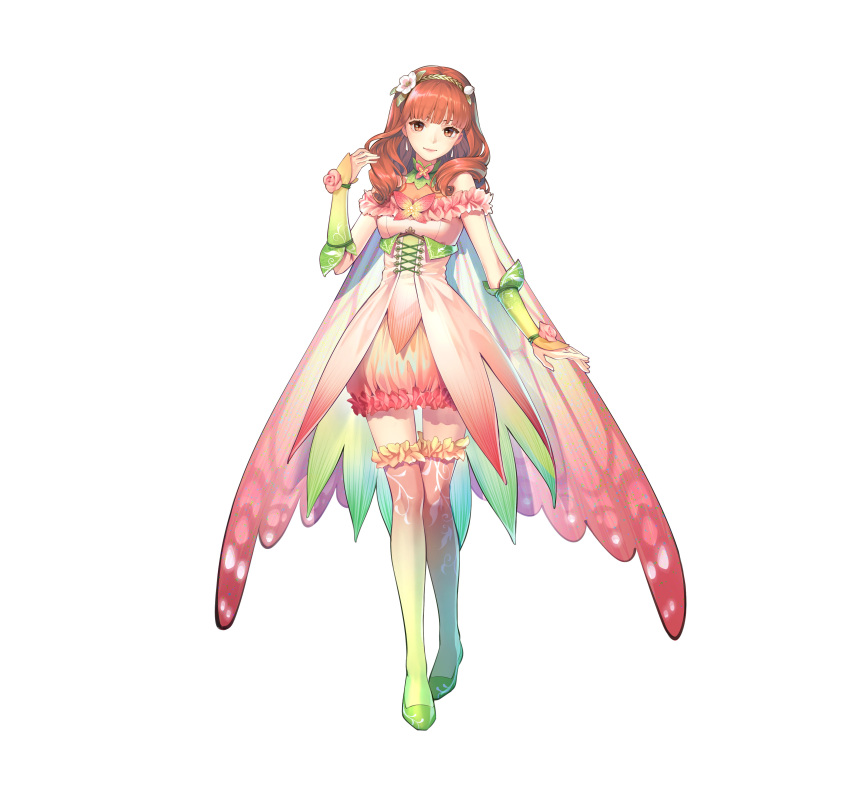 1girl absurdres alternate_costume bangs bare_shoulders bridal_gauntlets cape celica_(fire_emblem) closed_mouth commentary_request detached_collar dress earrings fire_emblem fire_emblem_echoes:_shadows_of_valentia fire_emblem_heroes flower frilled_skirt frills gradient gradient_clothes hair_ornament hairband hand_up head_tilt highres jewelry kaekae lips long_hair looking_at_viewer official_art pink_dress red_eyes redhead shiny shiny_hair shoes simple_background skirt sleeveless smile standing thigh-highs white_background zettai_ryouiki