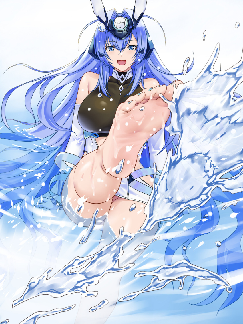 1girl :d azur_lane bangs bare_shoulders barefoot blue_eyes blue_hair blue_nails breasts elbow_gloves eyebrows_visible_through_hair gloves headgear highres large_breasts long_hair looking_at_viewer new_jersey_(azur_lane) open_mouth smile solo suuitchi very_long_hair water white_gloves