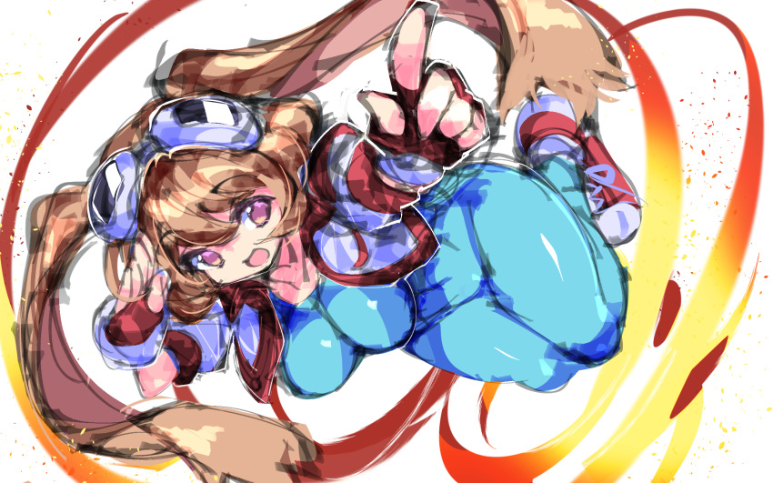 1girl :d animal_ears blue_bodysuit bodysuit breasts brown_hair cropped_jacket fingerless_gloves fujishima-sei_ichi-gou full_body gloves goggles goggles_on_head highres impossible_bodysuit impossible_clothes large_breasts looking_at_viewer makihara_arina open_mouth pointing pointing_at_viewer rabbit_ears red_footwear red_gloves shoes short_hair skin_tight smile sneakers solo thighs violet_eyes waku_waku_7