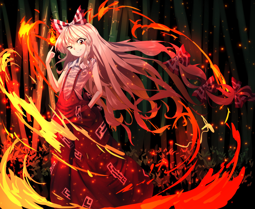 1girl bamboo bamboo_forest bow eyebrows_visible_through_hair eyes_visible_through_hair fire forest fujiwara_no_mokou hair_between_eyes hair_bow hand_in_pocket hand_up highres long_hair looking_at_viewer multicolored_bow nature pants red_bow red_eyes red_pants short_sleeves sleeveless smile solo standing sunyup teeth touhou white_bow white_hair