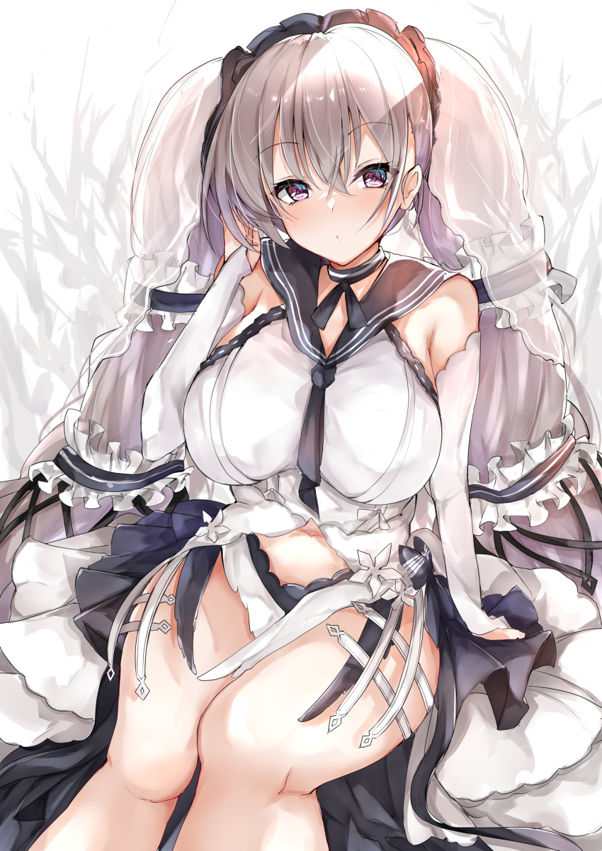 1girl azur_lane bangs blush breasts bridal_gauntlets choker dress eyebrows_visible_through_hair formidable_(azur_lane) formidable_(timeless_classics)_(azur_lane) hair_ornament highres large_breasts long_hair looking_at_viewer mutou_(94753939) navel official_alternate_costume sailor_collar see-through silver_hair sitting sleeveless solo thighs twintails veil violet_eyes white_dress
