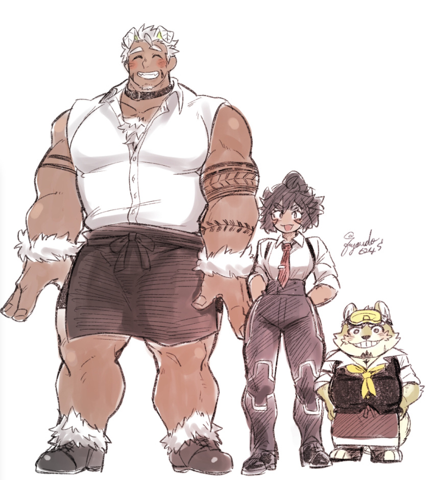 1girl 2boys animal_ears bare_shoulders black_hair blush breasts butler character_request chest_hair dog_boy dog_ears facial_hair full_body fuyodo giant giant_male goatee gomeisa_(live_a_hero) grey_hair head_on_chest height_difference highres live_a_hero long_sideburns male_focus multiple_boys muscular muscular_male necktie pectorals pelvic_curtain short_hair sideburns size_difference sketch sleeveless tattoo tribal_tattoo upper_body