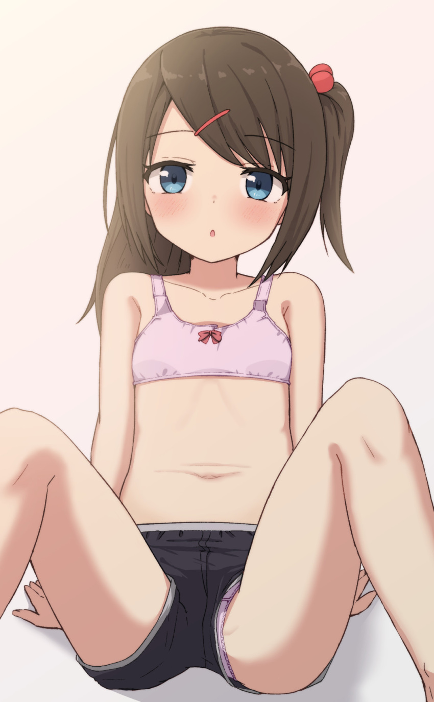 1girl bangs bare_arms bare_shoulders black_hair black_shorts blue_eyes blush bow bow_bra bra breasts brown_background collarbone commentary_request feet_out_of_frame hair_bobbles hair_ornament hairclip highres hippo_(hirople) looking_at_viewer m_legs navel no_shirt one_side_up original panties panties_under_shorts parted_lips pink_bra pink_panties short_shorts shorts small_breasts solo spread_legs swept_bangs training_bra underwear