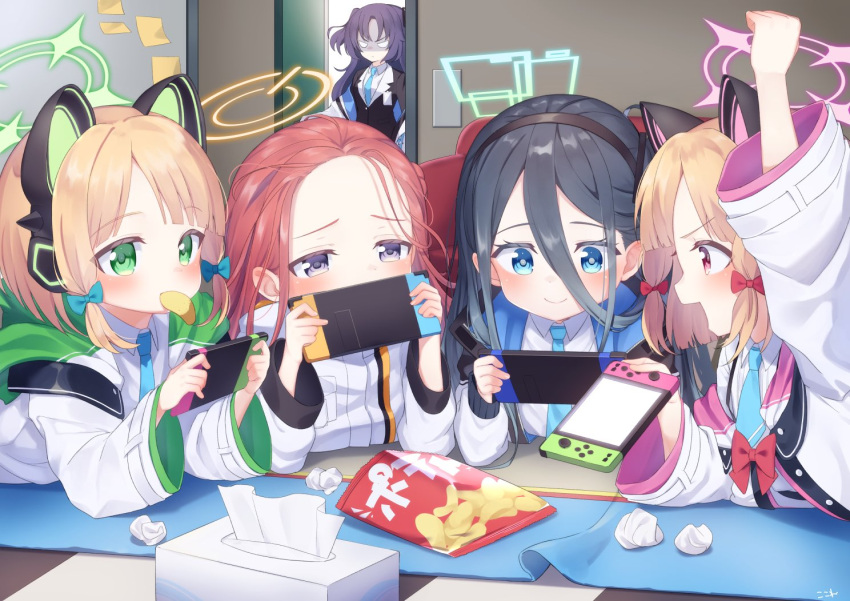 5girls :d angry animal_ears arisu_(blue_archive) arm_up bag_of_chips bangs black_hair black_hairband black_vest blonde_hair blue_archive blue_bow blue_eyes blue_neckwear blush bow brown_hair cat_ear_headphones cat_ears chips closed_mouth collared_shirt commentary_request covered_mouth eyebrows_visible_through_hair fake_animal_ears food food_in_mouth forehead game_console green_eyes hair_between_eyes hair_bow hairband halo hands_up headband headphones holding jacket kokone_(coconeeeco) long_sleeves midori_(blue_archive) momoi_(blue_archive) multiple_girls necktie nintendo_switch open_mouth opening_door potato_chips purple_hair red_bow school_uniform shirt siblings side_ponytail sidelocks smile tissue_box twins twintails two_side_up used_tissue vest violet_eyes white_jacket white_shirt wide_sleeves yuuka_(blue_archive) yuzu_(blue_archive)