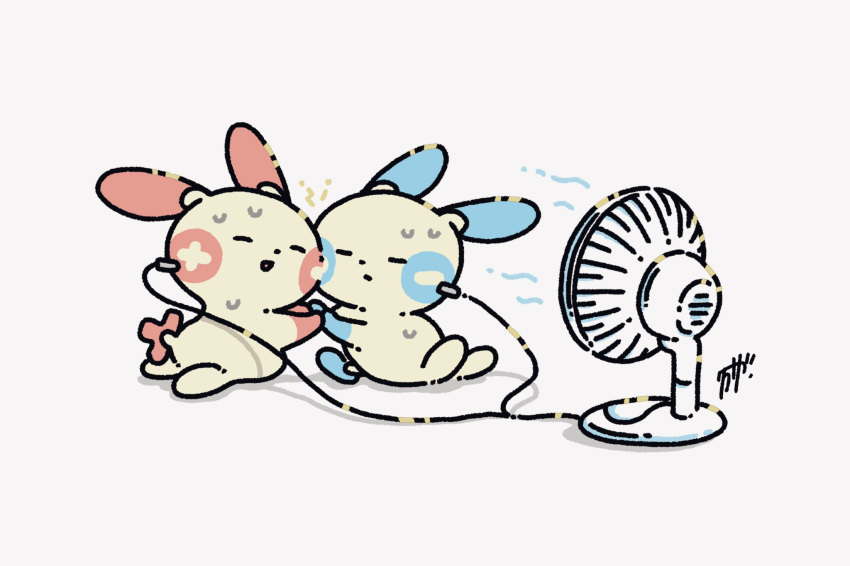 cable closed_eyes closed_mouth commentary_request creature electricity fan gen_3_pokemon highres holding_hands hot kuranaga11 minun no_humans open_mouth plusle pokemon pokemon_(creature) simple_background sweat white_background