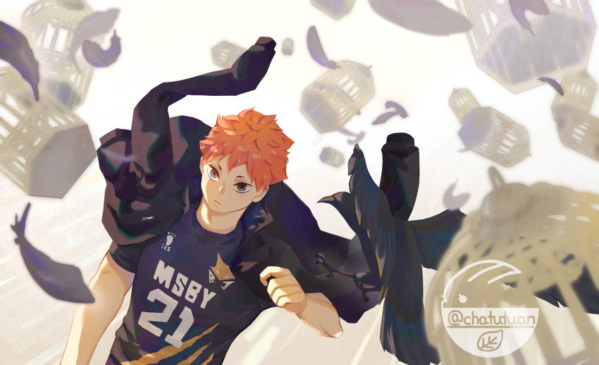 1boy absurdres bangs brown_hair cage chatutuan dutch_angle feathers haikyuu!! highres hinata_shouyou jacket jacket_on_shoulders looking_at_viewer male_focus orange_hair short_hair solo sportswear twitter_username upper_body volleyball_uniform