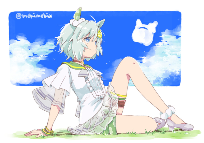 1girl animal_ears blue_eyes bracelet horse_ears jewelry mekimeki seiun_sky_(umamusume) short_hair shorts_under_dress silver_hair sitting smile thigh_strap twitter_username umamusume